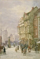Näkymä itään pitkin Holbornia hahmojen ja hevosvetoisten ajoneuvojen kanssa kadulla, Lontoo, 1875