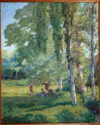Pariskunta ruohikolla poppelin alla Loys Pratin (1879-1934) maalaus, 1900-luku. Öljy kankaalle. Donzere, kaupungintalo.