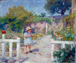 Pieni tyttö puutarhassa Joseph Loys Pratin (1879-1934) maalaus, 1900-luku.