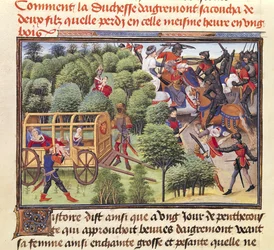Ms 5072 f.6v Kuinka Aigremontin herttuatar synnytti kaksi poikaa ja menetti heidät saman tunnin aikana metsään, Renaud de Montauban -syklistä