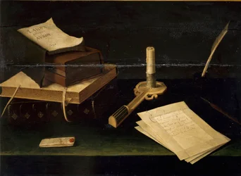 Lubin Bauginin (1610-1663) kirjojen asetelma, höyhen-, kirje- ja kynttilämaalaus 1600-luvun Rooma Galleria Spada
