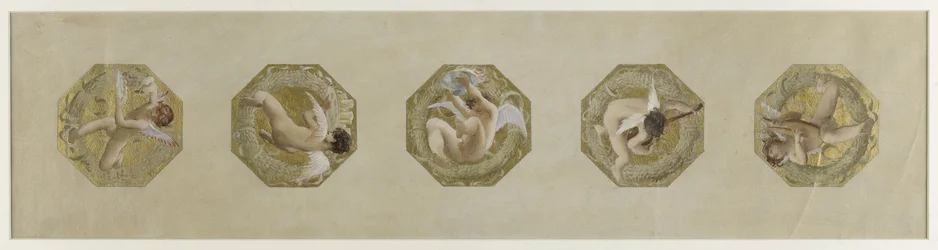 Luonnos Hôtel de Ville de Paris, Juhlaportaikko: Génies portant des attributs de fête, noin 1888 (öljy paperille)