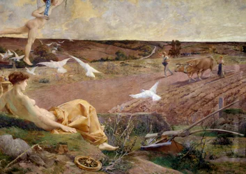 Fortuna, yltäkylläisyyden ja hedelmällisyyden allegorinen esitys. Taustalla talonpoika kyntää peltoaan. Yksityiskohta. Maalaus (1846-1920), 1901. Mitat: 2,22 x 2,9 m. Pariisi, Musée d’Orsay