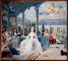 Mademoiselle de Clermont ja Melunin kreivi Sylvien paviljongissa lähellä Chantillya Nämä ovat Theophile de Viaun runojen kaksi päähenkilöä. Luc Olivier Mersonin (1846-1920) maalaus 1895 Su. 1,88x2,10 m Chantilly, Musee Conde