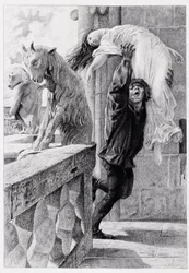 Quasimodo sieppaa Esmeraldan - Victor Hugon teoksessa "Notre Damen kellonsoittaja", kaivertanut Géry Bichard, julkaisija E. Testard, Pariisi