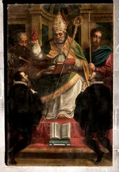 Genova, Duomo (Pyhän Laurentiuksen katedraali): "Pyhä Gotthard Pyhän Paavalin ja Pyhän Jaakobin ja kahden polvistuvan palvojan välillä" (1571), Luca Cambiaso (uudelleenmaalauksilla Carlo Giuseppe Ratti)