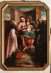 Genova, Duomo (Pyhän Laurentiuksen katedraali), sisällä, kastekappeli (entinen Pyhän Johannes Vanhan kirkko): "Madonna ja lapsi Pyhän Annan, Barin Pyhän Nikolauksen ja Tolentinon Pyhän Nikolauksen keskuudessa", kirjoittanut Luca Cambiaso