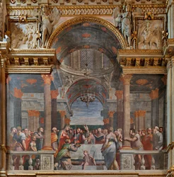 Genova, Duomo (Pyhän Laurentiuksen katedraali), sisällä, Lercari-kappeli tai Siunatun Sakramentin kappeli (pohjoinen apsi), pohjoispuoli: "Esitys temppelissä", fresko Luca Cambiaso