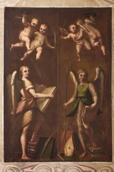 Genova, Duomo (St Lawrence Cathedral), sakristi, kappeli: "Enkelit piispanmerkeillä, kirjoja ja palmunoksia", kirjoittanut Luca Cambiaso, noin 1580