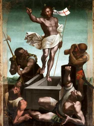 Ylösnousemus Jeesus Kristus pitää kädessään ristisauvaa, jonka päässä kelluu valkoinen lippu (standardi) iskee punaiseen ristiin. Luca Cambiason (1527-1585) maalaus puulle 1500-luvun Taggia, Santuario della Madonna miracolosa