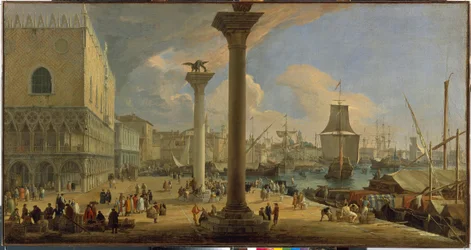 Molo ja herttuan palatsi (Venetsia, Italia) - Luca Carlevarisin (1663-1730) maalaus, öljy kankaalle, noin 1710, 64x121 cm - Molo ja herttuapalatsi, öljy kankaalle Luca Carlevaris - Valtion Eremitaaši, St. - Pietari