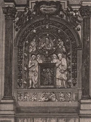 Santa Maria delle Grazien kirkon alttari, kirjoittanut Luca della Robbia, Montepulciano, Toscana, Italia, puupiirros Le cento citta d