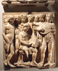 Laudate Eum in chordis et organo (psalmi 150, Laudate Dominum), paneeli, jossa pojat laulavat urkujen, harpun ja luutun säestyksellä