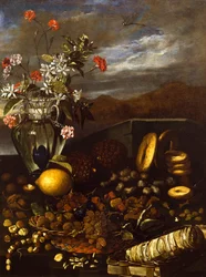 Asetelma kuivatuilla hedelmillä, kukilla ja maisemalla, Luca Forte (1610-1670)