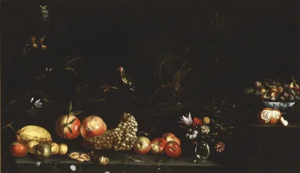 Asetelma hedelmillä, kukilla, haukalla ja kultavarpulla, 1620-30