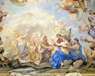 Ihmisen syntymä, yksityiskohta freskosarjasta Luca Giordanon (1634-1705) peilihallissa, fresko, Palazzo Medici Riccardi, Firenze