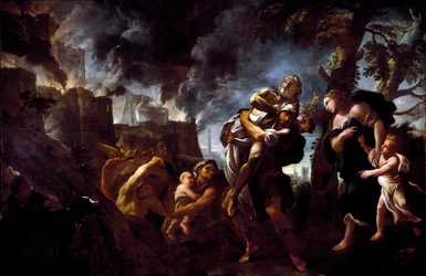 Aeneas pakenee Troijasta. Anchisesta kantava Aeneas pakenee akhaijien käsiin joutuneesta kaupungista. 1675-1680. Genova, Galleria Nazionale di Palazzo Spinola