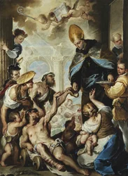 Pyhä Tuomas Villanovalainen jakaa almuja köyhille, noin 1658.