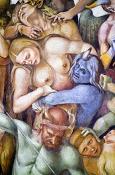 Helvetin kirottu, yksityiskohta Luca Signorellin omakuvalla sinisen demonin varjossa, Last Judgment -frescosyklistä