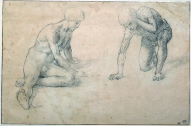Kaksi alastonta miestä kyykyssä, 1400-luku. Mitat: 0,31 x 0,7 m. Pariisi, Musée du Louvre