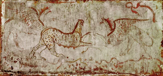 Pantterin ja aarnikotkan taistelu. Lucanialainen fresko 300-luvulta eaa., Ratsumiehen haudasta Paestumin nekropolista Italiasta. Museo Nazionale Archeologico, Paestum