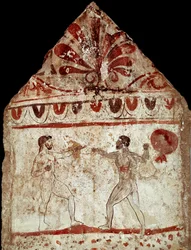 Kaksi nyrkkeilevää urheilijaa. Lucanialainen fresko 300-luvulta eaa., Paestumin nekropolista, Italia. Museo Archeologico Nazionale, Paestum