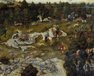 Metsästys Kaarle V:n kunniaksi Torgaun linnassa Saksassa Metsästys peuroja. Yksityiskohta. Lucas Cranach vanhemman maalaus