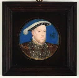 Kuningas Henrik VIII harmaassa goubletissa ja turkispukussa (akvarelli ja vartaloväri velumissa)