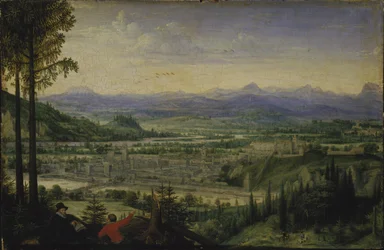 Näkymä Linziin taiteilijapiirroksen kanssa etualalla, 1593.
