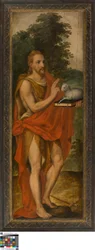 Johannes Kastaja (vasemmalla), lahjoittaja (oikealla), Vanitas (suljettu), Lucas de Heere, Gentin taidemuseo, S-101, avoin vasen paneeli.