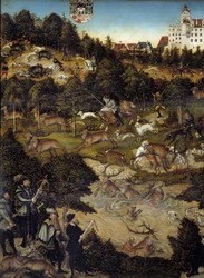 Metsästystä Kaarle V:n kunniaksi Torgaun linnassa (Saksa). Yksityiskohta. Keisari on luultavasti edustaja alakerrassa, jolla on varsijousi. Lucas Cranachin (1472-1553) maalaus