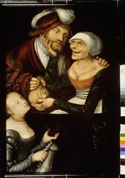 ""Procure"" (The Procure) Hampaaton vanha parittaja ottaa asiakkaan kukkaron vastineeksi haastattelusta prostituoidun kanssa. Lucas Cranach vanhemman (1472-1553) maalaus noin 1530 Georgian osavaltion taidemuseo, Tiflis (Tbilisi) Georgia