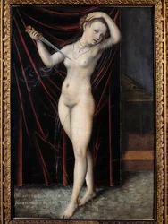 Lucretia surmaa itsensä. Roomalaisen, 500-luvulla eKr. eläneen Lucretian itsemurha. Lucas Cranachin (1472-1553) maalaus, 1500-luku. Besançon, taidemuseo