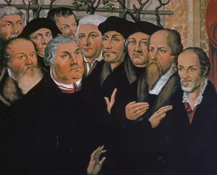 Martti Luther protestanttisen uskonpuhdistuksen edustajien kanssa, oikealla Melanchthon, keskellä Erasmus Rotterdamilainen, yksityiskohta Lasaruksen kuolleista herättämisestä
