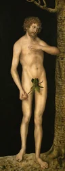 Syntiinlankeemus: Aadam - Lucas Cranach vanhempi (1472-1553). Noin 1510-1520. Mitat: 137 x 54 cm. Wienin taidehistoriallinen museo