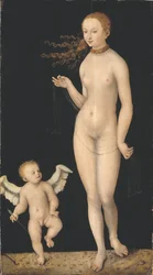 Venus et Cupidon - Venus ja Cupid, kirjoittanut Cranach, Lucas, vanhempi (1472-1553). Öljy puulle. Mitat: 90 x 49,5 cm. Tukholman kansallismuseo