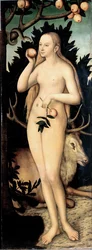 ""Eve"" Lucas Cranach II nuoremman maalaus (1515-1586) Vuoden 1537 jälkeen Dim 171 x 63 cm Saksa Dresdenin valtion taidekokoelmat