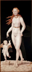 Venus ja Amor, noin 1540. Taiteilijan elinvuodet: 1515-1586. Mitat: 196 x 89 cm. München, Alte Pinakothek