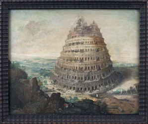 Baabelin torni. Lucas Van Valkenborchin maalaus (noin 1535-1597), öljy puulle, flaamilainen taide