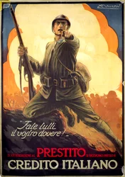 Italialainen ensimmäisen maailmansodan propagandajuliste, jossa mainostetaan sotalainoja