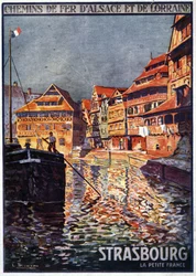 Näkymä Strasbourgiin ja Petite France (Rein) - Elsassin ja Lothringenin rautateiden mainosjuliste, 1900-luvun alkupuoli