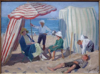 Rannalla. Lucien Jonasin (1880-1947) maalaus, öljy puulle 1920, ranskalainen taide, 1900-luku. Musee la piscine, Roubaix.