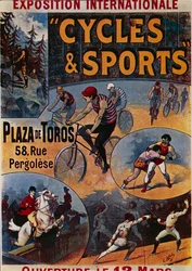 Exposition Internationale Cycles et Sports, urheilulle omistetun kansainvälisen näyttelyn mainos, Lucien Lefèvren kuvitus, juliste