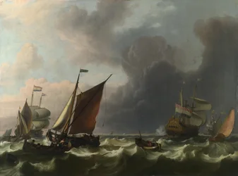Hollantilaiset sotamiehet ja pienet alukset raikkaassa tuulessa Enkhuizenin edustalla, 1683