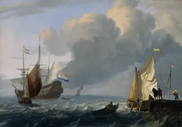 Hollantilainen fregatti ja muita aluksia rannikon edustalla, noin 1690 (öljy tammipaneelille).