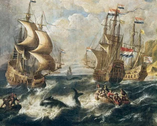 "Valaanpyynti". Yksityiskohta. Ludolf Backhuyzenin (1631-1708) maalaus. Nancy. Musée des Beaux-Arts.