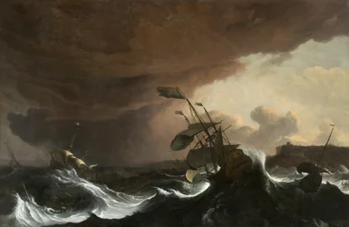 Laivat myrskyisellä merellä rannikolla, noin 1700-1705 (öljy kankaalle)