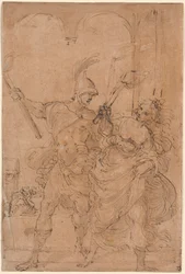 Aleksanteri ja Thaïs sytyttämässä Persepolista tuleen, luultavasti noin 1592 (kynä ja muste).