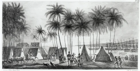Hanarouroun satama Sandwichsaarilla, teoksesta Voyage Pittoresque around the World, kaiverrus G. Langlume (fl.1822-40) 1822