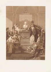 Allegorinen kohtaus Jan Nieuwenhuyzenin muistokivellä, kuoli vuonna 1806